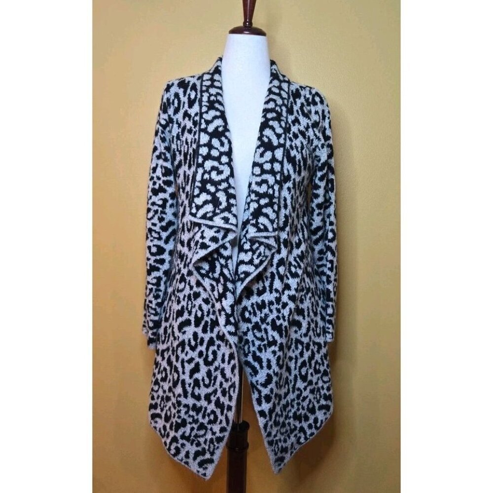 ii Sisters Leopard Print Open Front Long Cardigan Womens Medium Black‎ Grey EUC